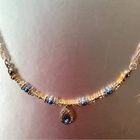 HAND CRAFTED Silver Gold Blue rhinestone pendant necklace Upcycled Vintage - Picture 5 of 6
